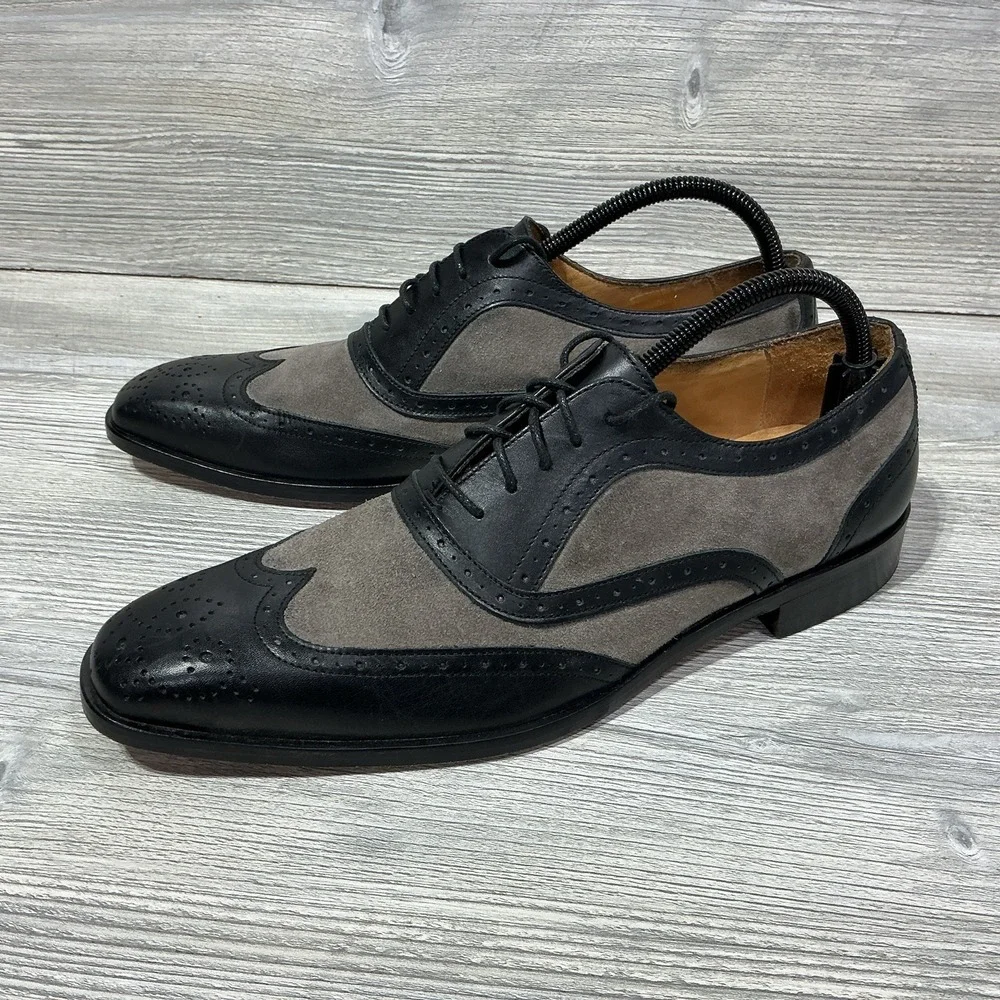 PAUL FREDERICK Italian Mens Black Gray Leather Oxford Shoes Size 8.5 M Italy